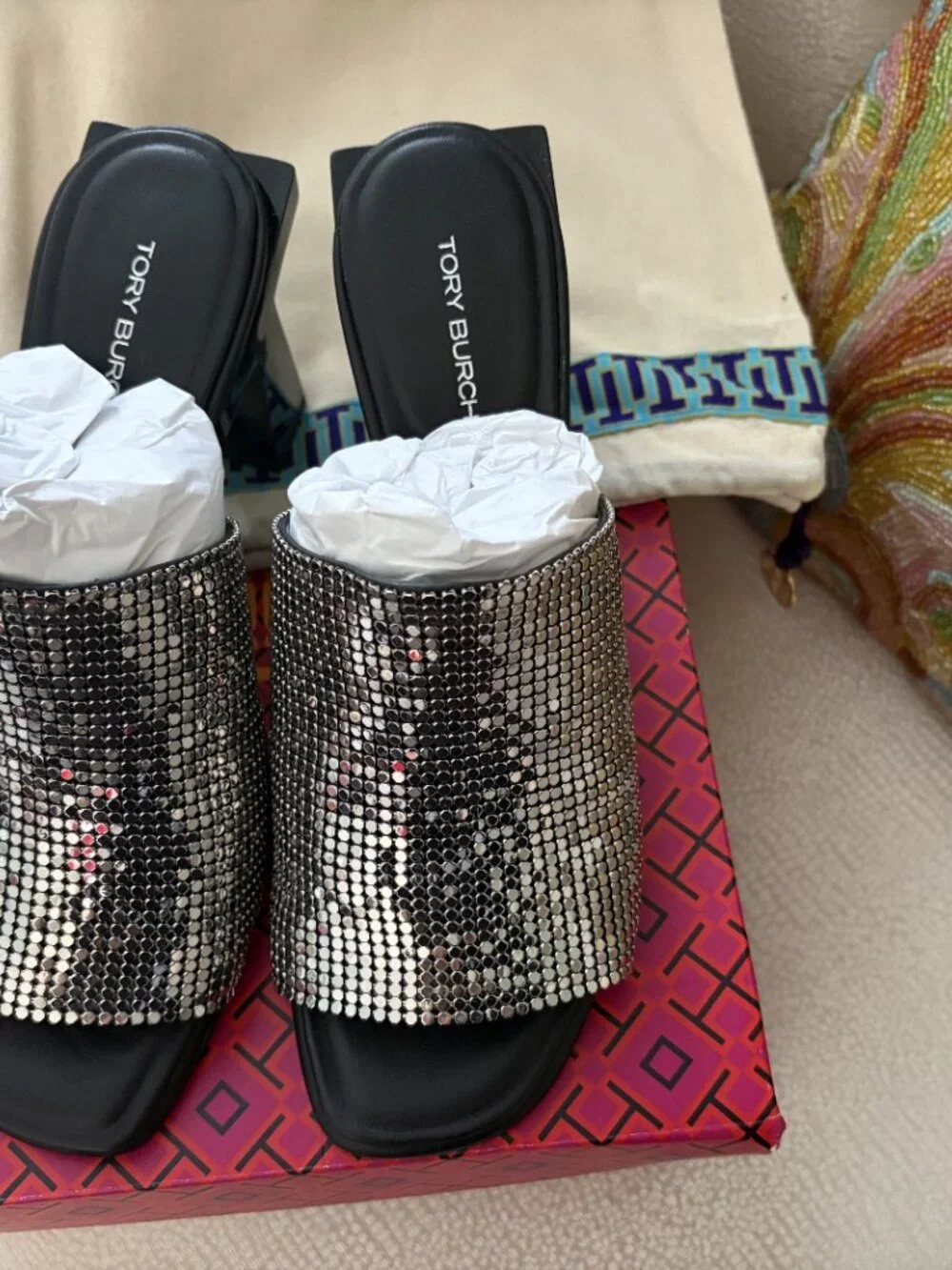 Tory Burch Block T Chainmail Mule Sandal, Silver, 6.5, NIB